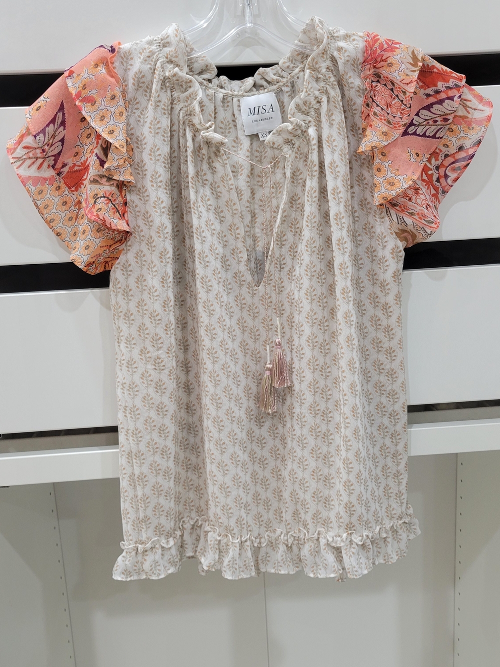 Misa Los Angeles Cream Printed Blouse with Pink Orange Ruffle Sleeves